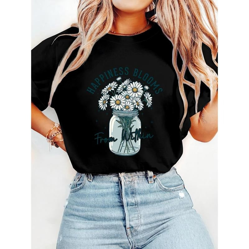Women'WB shield Casual Spring Floral Print Cotton Round Neck Short Sleeve T-Shirt