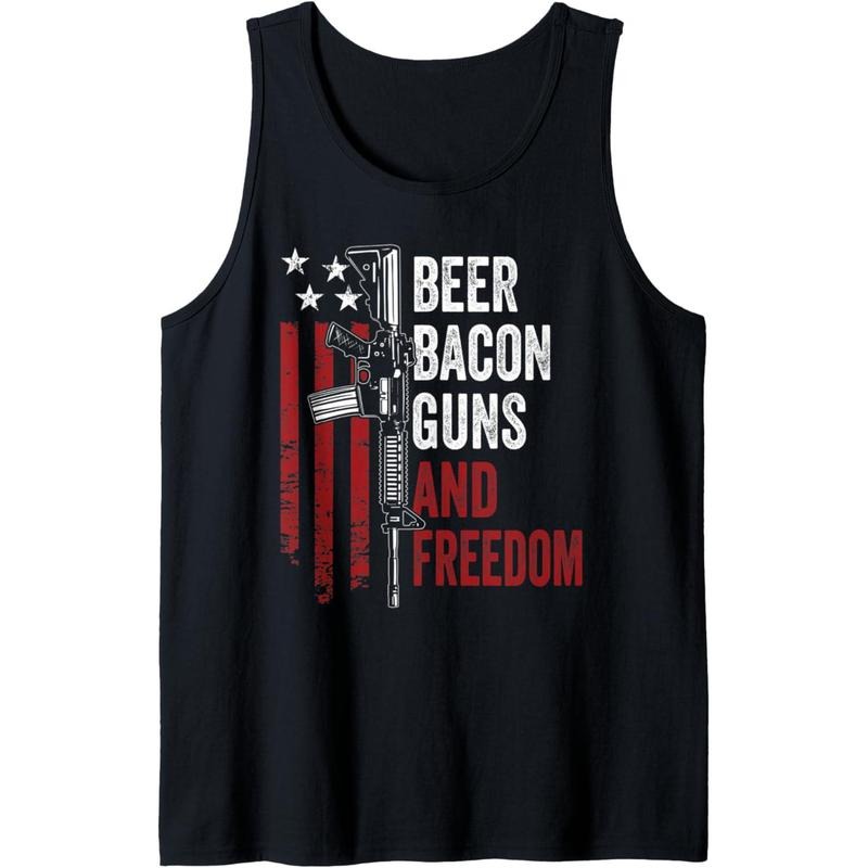 BEER BACON GUNS & FREEDOM - Funny BBQ Gun USA Flag Drinking Tank Top Made in USA