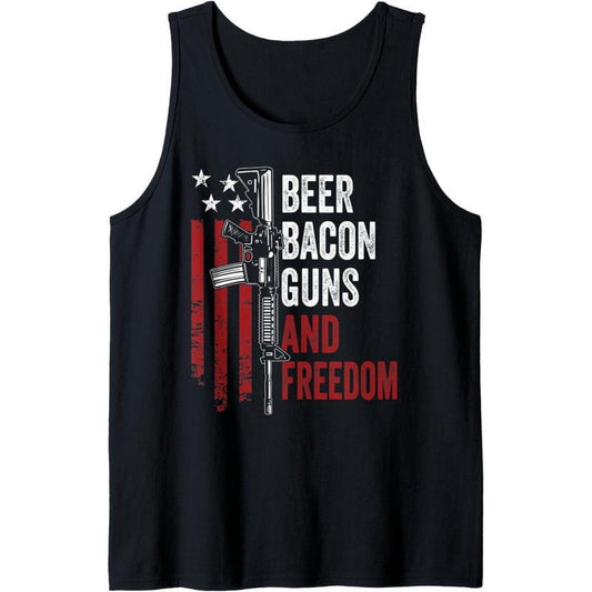 BEER BACON GUNS & FREEDOM - Funny BBQ Gun USA Flag Drinking Tank Top Made in USA