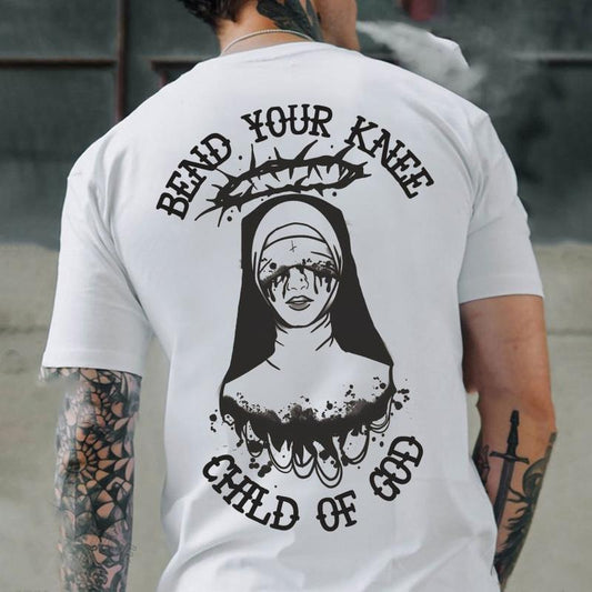 BEND YOUR KNEE CHILD OF GAD Blindfolded Nun Print Men's T-Shirt, Top Menswear, Cotton Tee Shirt Casual Streetwear, Sweatshirt, Hoodie