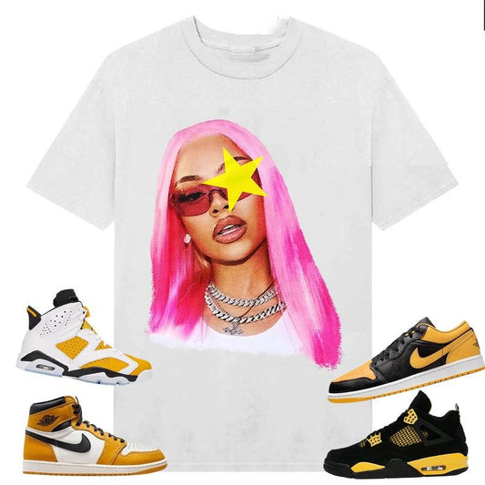 BIG FACE Latto Star, Shirt to match A J 6s Yellow Ochre, A J 1 Yellow Ochre, A J 4 Thunder, Shirt to matching Sneaker