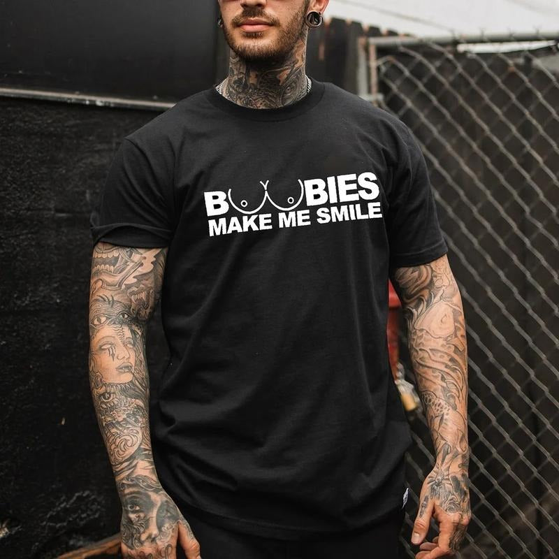 BOOBIES MAKE ME SMILE Graphic Black Back Side Print T-shirt -  Sweatshirt