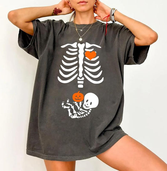 Baby Skeleton Maternity T-Shirt, Halloween Pregnancy Shirt, Baby Reveal Sweatshirt, Spooky Pregnant Tee Shirt, Fall Mama To Be Shirt