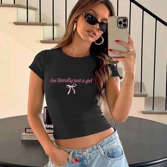 Baby Tee I'm literally just a girl, Baby Tee, Baby Girl, Funny Baby Tee, Cute Baby, Bow Tee, y2k baby tee, 90s baby tee, y2k, Crop