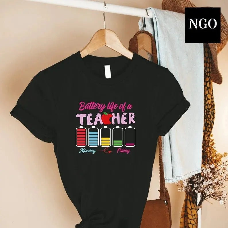 Back To School Funny Teacher Tee, Battery Life of a Teacher, Funny Teacher Gift, Teacher Life Shirt, Teacher Battery T-Shirt, Back To School Teacher Shirt