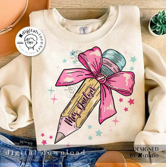 Back To School Pencil Bow Teacher Name Custom T Shirt Sweater Hoodie, Coquette Bow Teacher Shirt, Back To School Teacher Shirt , First Day School Shirt