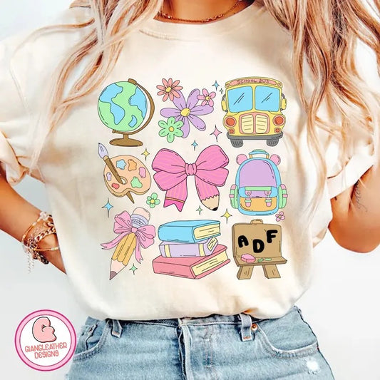 Back to School Coquette T-Shirt, back to school Shirt, School bus Shirt, Books Tee, Globe Shirt, Flowers Shirt, Girl school Shirt, Pencil Shirt, Retro Teacher Shirt