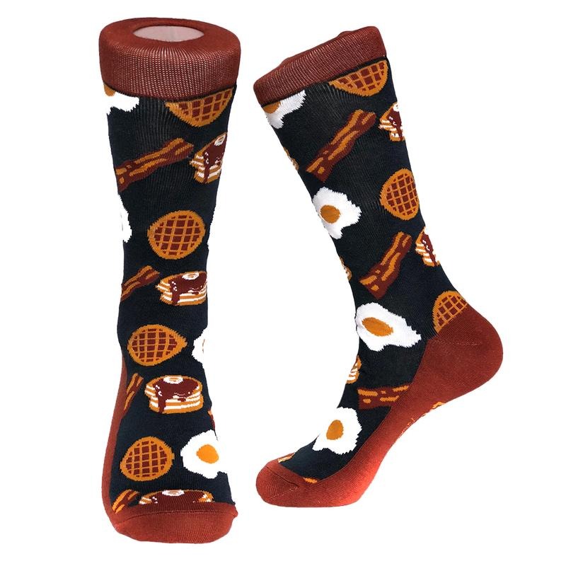 Bacon and Eggs Socks Funny Breakfast Food Footwear (Black) - Mens (7-12) Funny Graphic Socks Comfortable Fitted Spandex Cotton