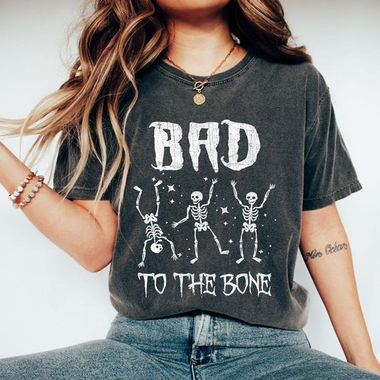 Bad To The Bone, Funny Skeleton, Retro, Aesthetic, Vintage, Comfort Colors Tshirt, Women's Crew Neck, Crewneck