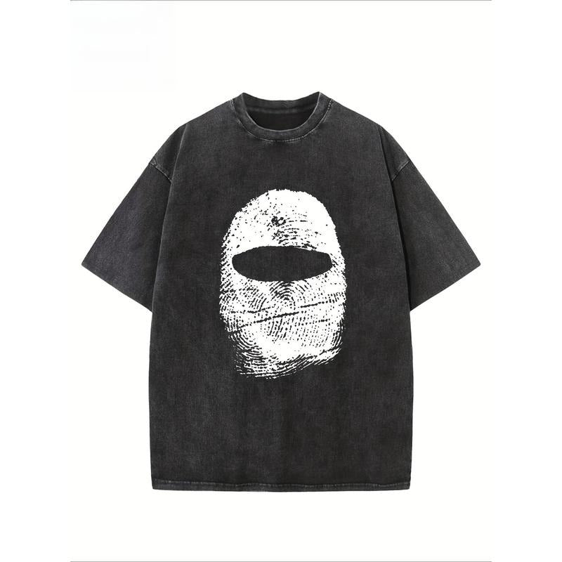 "Balaclava Fingerprint" Creative Pattern Printing Heavy 230g Pure Cotton Oversized Drop Shoulder T-shirt Washed T-shirt Men'WB shield Retro Street T-shirt Basic T-shirt Loose Hip-hop Unisex Top Acid Wash T-shirt
