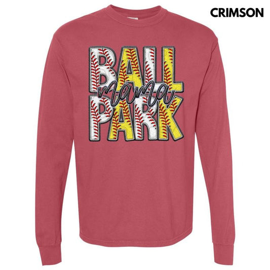 Ball Park Mama Faux Embroidery Long Sleeve Comfort Colors T-Shirt