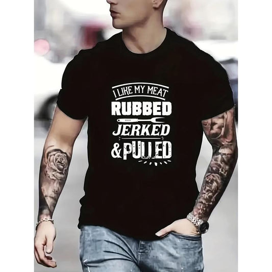 Barbecue 'I Like The Meat' Print T Shirt, Tees For Men, Casual Short Sleeve Tshirt For Summer Spring Fall, Tops As Gifts Made in USA