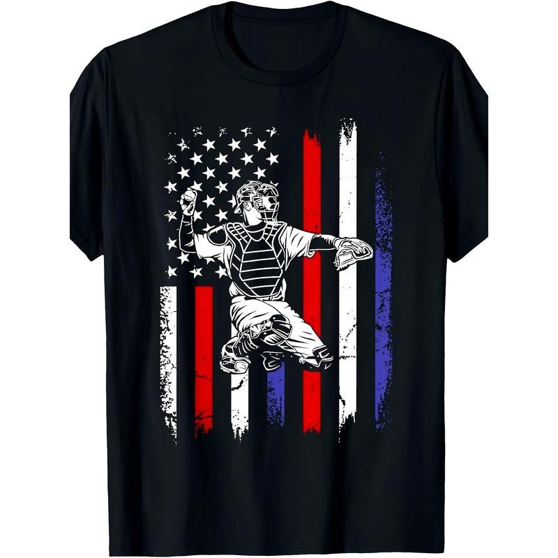 Baseball American Flag Patriotic Catcher 4th Of July T-Shirt - 220g made in usa Hoodie, Sweatshirt | DripVista.com