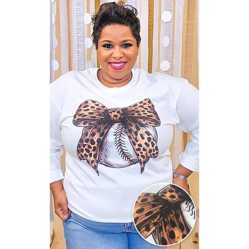 Baseball Cheetah Bow Rhinestone Graphic Long Sleeve Shirt