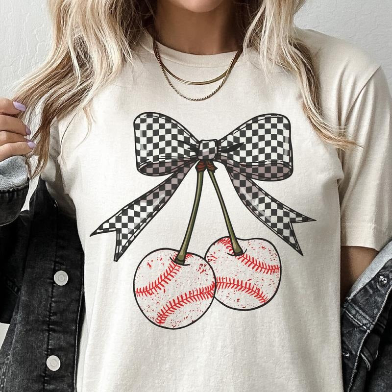 Baseball Cherries Graphic Tee Baseball Checkerboard Bow Tshirt Gameday Baseball Mom Top Casual Womens Girly Ballpark...