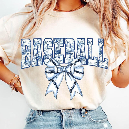 Baseball Floral Toile Blue Water Color T-Shirt, baseball Coquette Bow T-Shirt, Vintage Baseball Bow T-Shirt, Coquette Baseball Mama T-Shirt