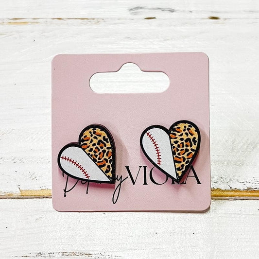 Baseball Heart Leopard Stud Earrings