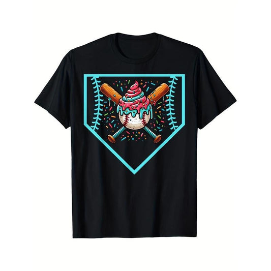 Baseball Home Plate Drip Ice Cream Softball & Baseball Print T-Shirt for Men And Boys-Premium Quality, Casual, Short Sleeve, Crew Neck, Comfortable, Classic Fit, Gifts-Summer Casual Street Wear Essential-220G made in usa