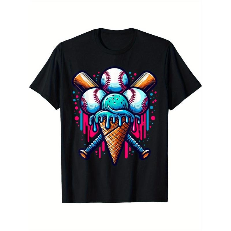 Baseball Ice Cream Watercolor Sports enthusiast Ice Cream Cone Tee, suitable for children, soft fabric, breathable,...