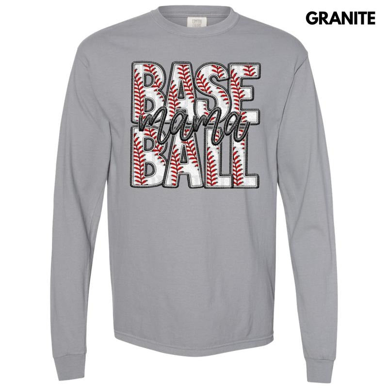 Baseball Mama Faux Embroidery Long Sleeve Comfort Colors T-Shirt Hoodie, Sweatshirt | DripVista.com