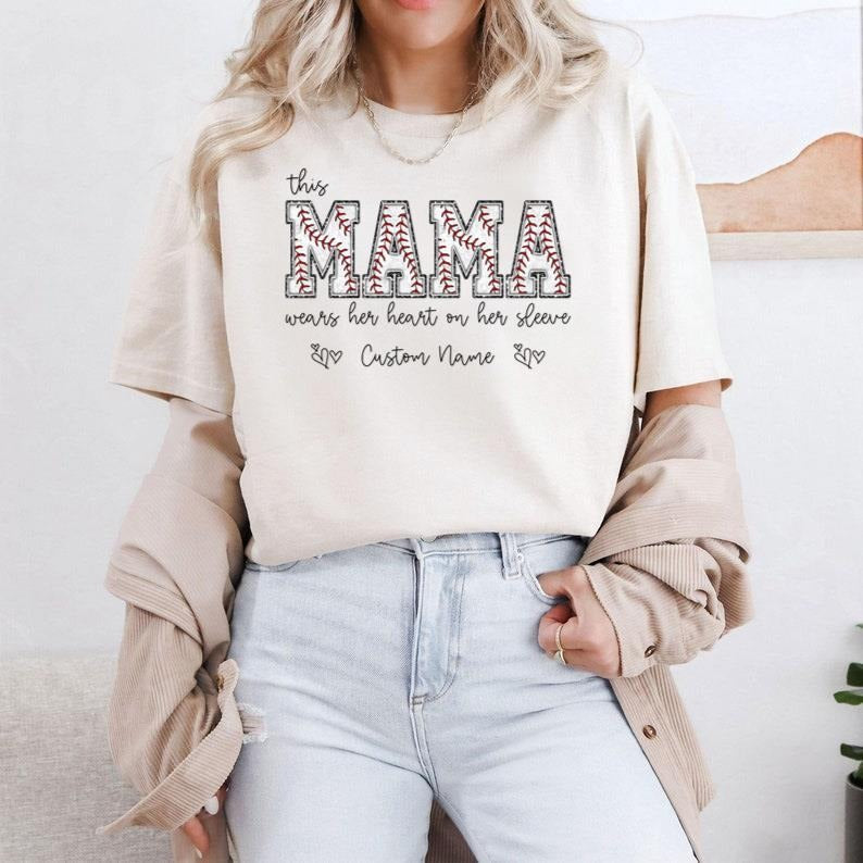 Baseball Mama T-shirt with Kids Name on Sleeve, Baseball Top for Mom, Baseball Season Hoodie, Sports Mom Tee, Baseball Game Shirt 01