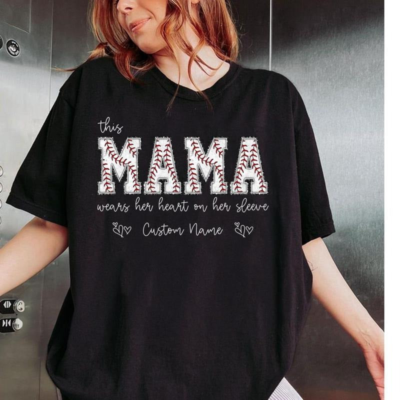 Baseball Mama T-shirt with Kids Name on Sleeve, Baseball Top for Mom, Baseball Season Hoodie, Sports Mom Tee, Baseball Game Shirt 02