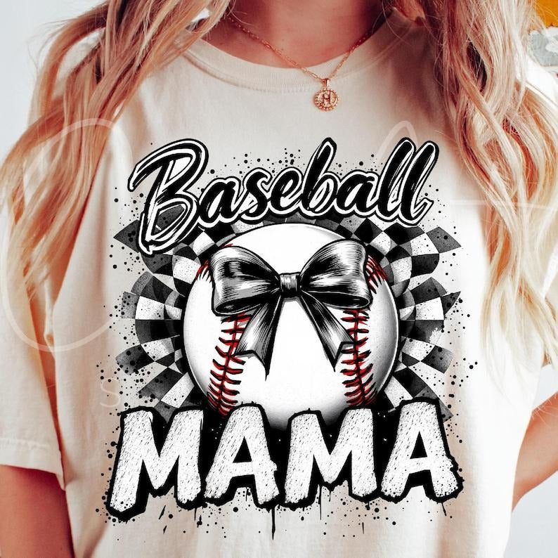 Baseball Mama Tshirt, Baseball Mom Checkered Tee, Retro Baseball with Coquette Bow T-Shirt Hoodie, Sweatshirt | DripVista.com