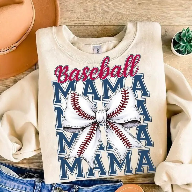 Baseball Mama , Baseball Coquette Bow , Baseball Mom , Retro Baseball , Game Day , Coquette Bow Sports Sweatshirt...