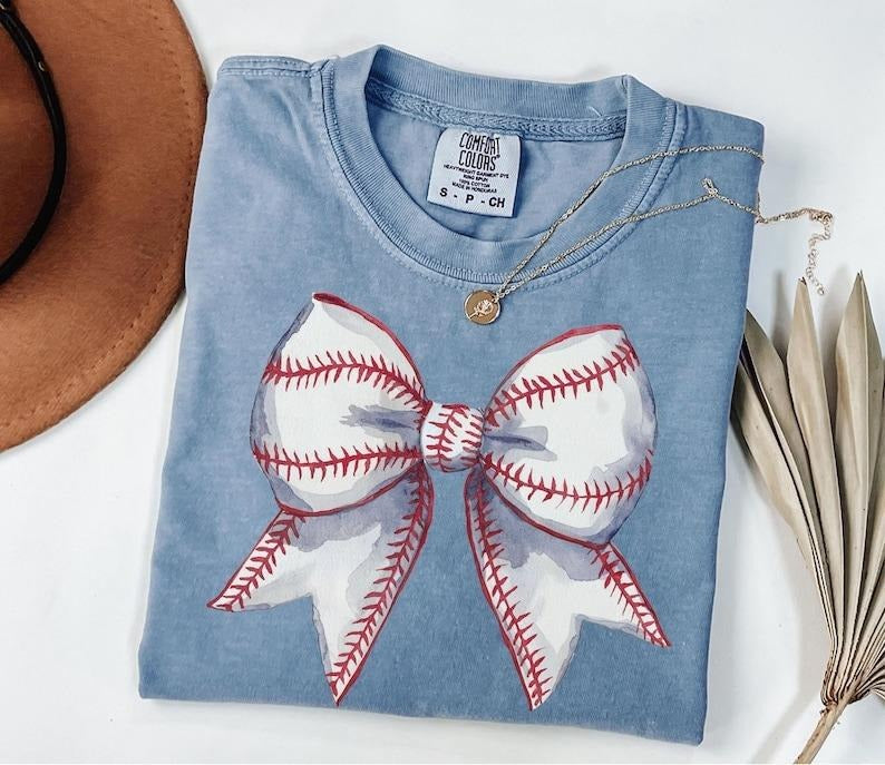 Baseball Mom shirt, Baseball Bow Comfort Color Shirt, Coquette Baseball Game Day Tee, Baseball Season Shirt, Baseball Fan Shirt, Sport Mom