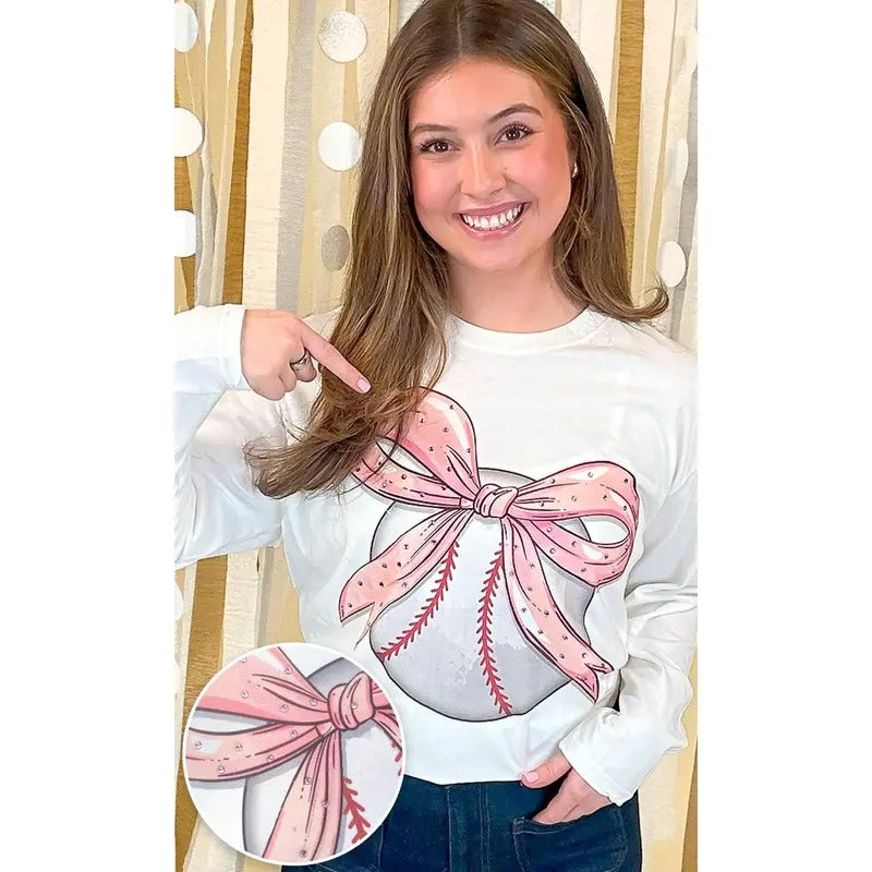 Baseball Pink Bow Rhinestone Graphic Long Sleeve Shirt Hoodie, Sweatshirt | DripVista.com