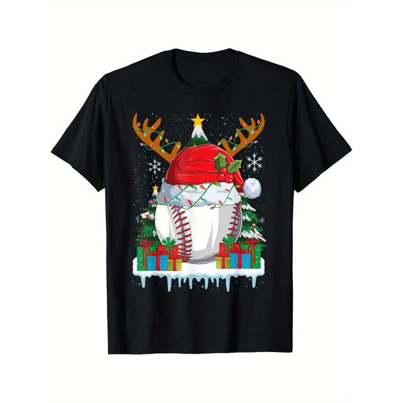 Baseball Santa Hat Funny Sport Boys Men Baseball Christmas Men's T-shirt personality print pattern, casual round neck...