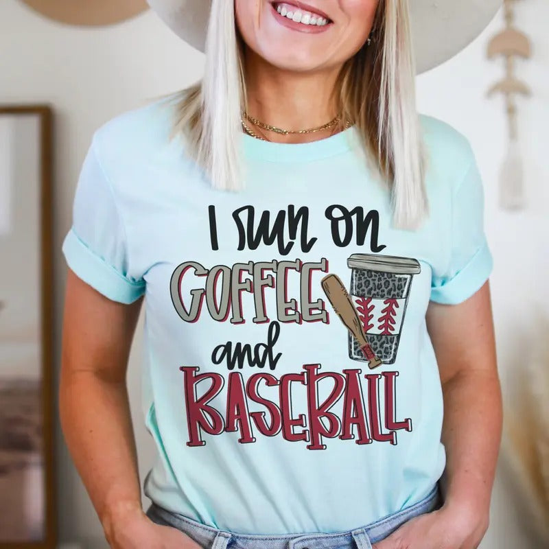 Baseball Tshirt I Run on Coffee and Baseball Tshirt Coffee Tee Baseball and Coffee Tshirt Mom Baseball T-Shirt Coffee Mom Sports Tees Game Day Sports T-Shirt Womens  Sports Tees Womens Game Day T-Shirts Casual Fit