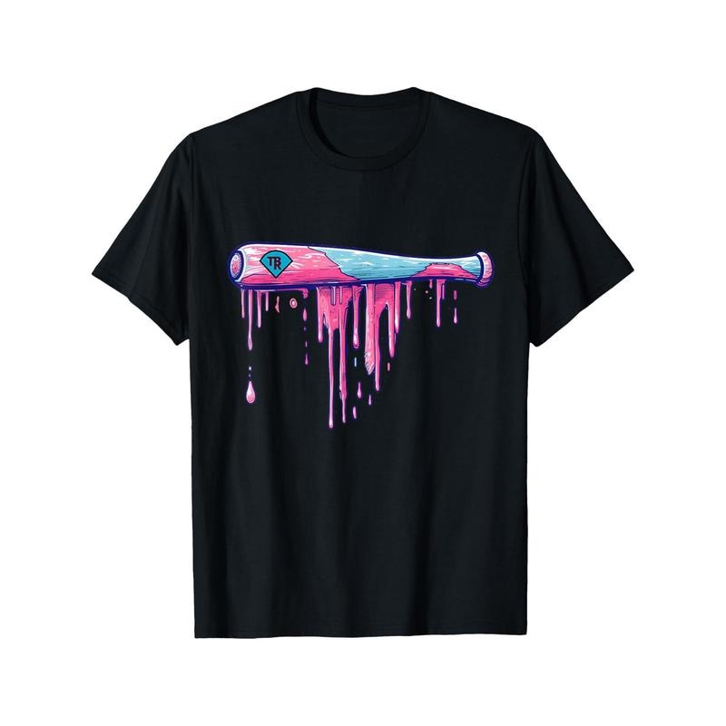 Baseball bat with dripping boy T-shirt personality print pattern, casual round neck short sleeve, comfortable cotton short sleeve version, can be worn all seasons made in usa