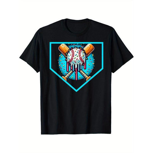Baseball cross Home Plate Drip Ice Cream Softball& Baseball Men's T-shirt personality print pattern, casual round neck short sleeve, comfortable version of cotton short sleeve, four seasons can wear 220g made in usa
