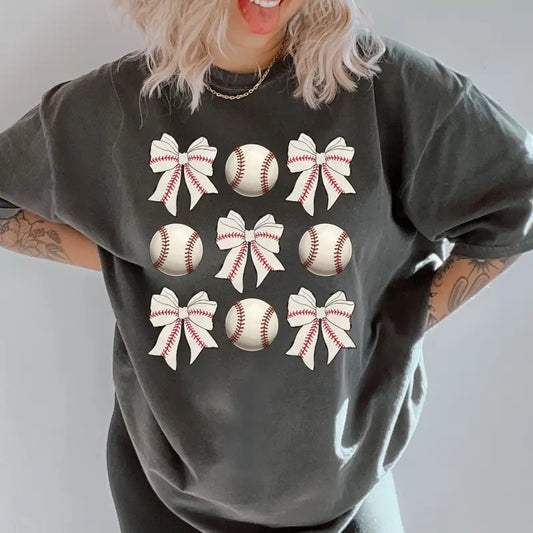 Baseballs & Bows Shirt ~ Unisex Apparel Relaxed Fit Printed In The USA Clothing Womenswear Casual Comfort Cotton Top Athletic Boho