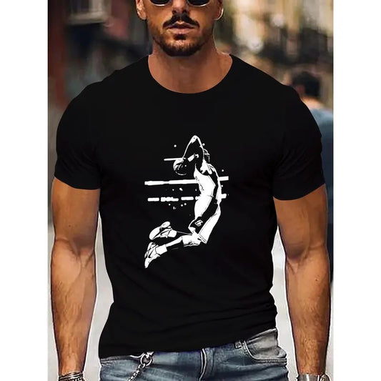 Basketball Player Print Men's Short Sleeve T-Shirts, Comfy Casual Elastic Crew Neck Tops For Men's Outdoor Activities Made in USA