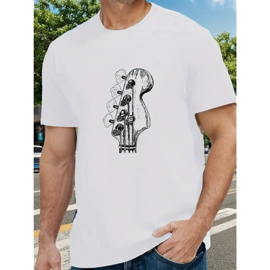 Bass Guitar Neck Print Tee Shirt, Tees For Men, Casual Short Sleeve T-shirt For Summer Made in USA