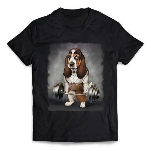 Basset Hound Dog Muscle Training with Barbell Shrug Bar Gym - Short-Sleeve Unisex, Men Made in USA T-Shirts, Hoodie,...
