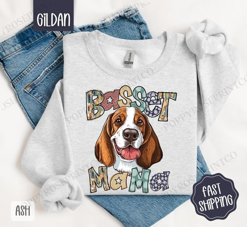 Basset Hound Mama Sweatshirt, Women's Crewneck, Cute Dog Mom Women's Sweatshirt T-Shirts, Hoodie | DripVista.com