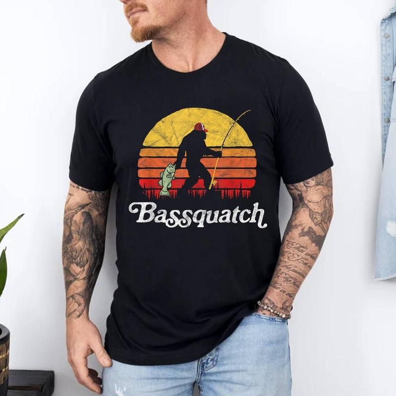 Bassquatch! Funny Bigfoot Fishing Retro T-Shirt | Unisex Cotton Tee, Top Menswear Hoodie, Sweatshirt | DripVista.com