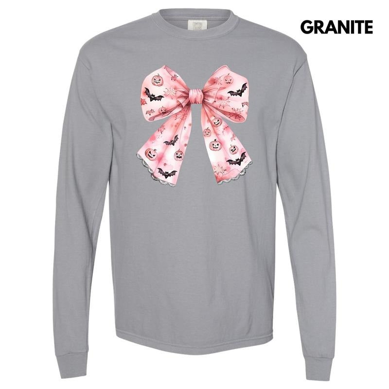 Bat & Pumpkin Pink Bow Long Sleeve Comfort Colors T-Shirt 'NLB'