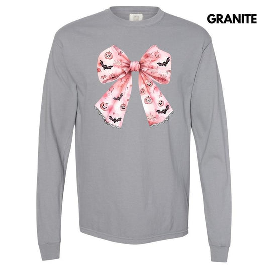 Bat & Pumpkin Pink Bow Long Sleeve Comfort Colors T-Shirt 'NLB'