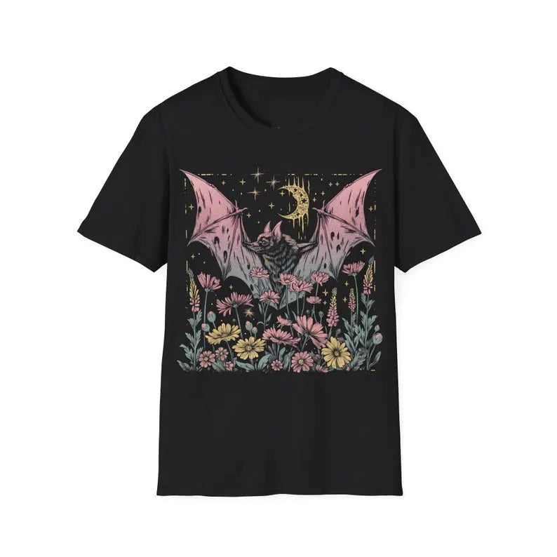 Bat Among Blossoms T-Shirt, Vampire tee, Dark Aesthetic, whimsigoth sweatshirt, Goth tee, witchy shirt, Demon tee Shorts Sleeve Casual Menswear Clothes Fashion