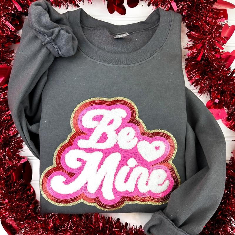 Be Mine Chenille + Sequin Patch Sweatshirt -- CHARCOAL