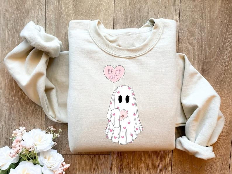 Be My Boo Valentines Day Sweatshirt, Valentines Day Shirt, Valentines Gift Shirt, ghost Valentine   Hoodie and Sweater; T-shirt Cotton Menswear Polyester Tops