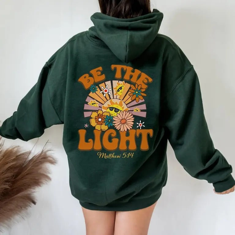 Be The Light Hoodie - Green, Casual Style with Hood, Floral Design & Bible Verse Matthew 5:14 Inspirational Print...