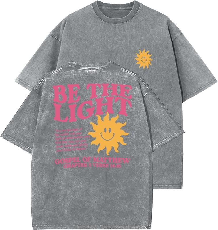 Be The Light Unisex Washed T-Shirt, Christian t shirts, Vintage 90s Graphic Tee, Gift Top Womenswear Cotton Mineral Color...