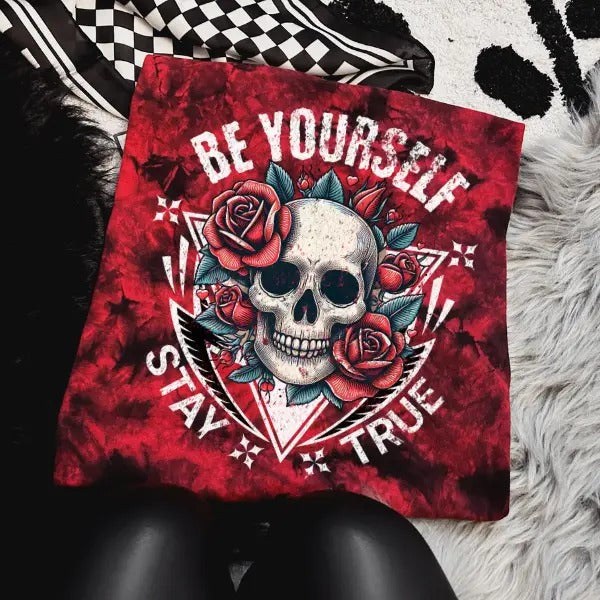 'Be Yourself, Stay True' Red & Black Tie Dye Crewneck Sweatshirt, T Shirt, or Hoodie Pullover | Punk Rocker, Alt, Grunge,...