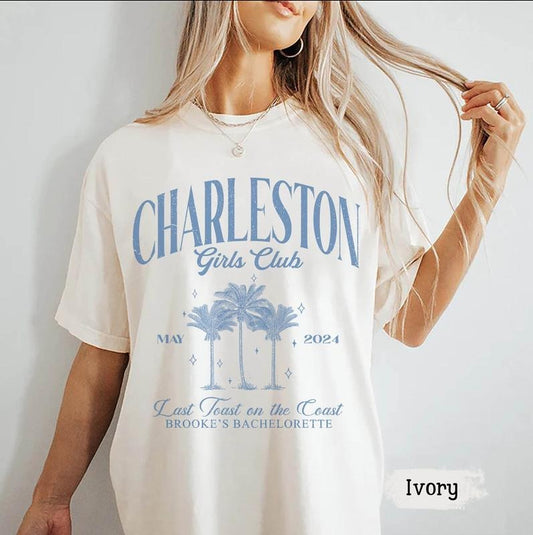 Beach Bachelorette Party Shirts, Luxury Bachelorette Merch, Charleston Girls Club Shirt, Last Toast On The Coast Shirts, Tropical Bach Trip