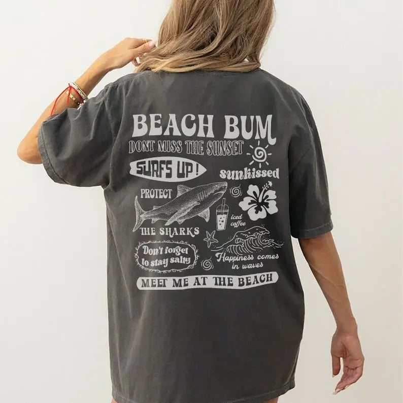 Beach Bum Comfort Colors Tee, Preppy Shirt, Y2k Wearing Coconut girl Tee Shark Lover gift Woman's clothing Ocean Surf Shirt Cotton Fabric Top Womenswear Collar Garment